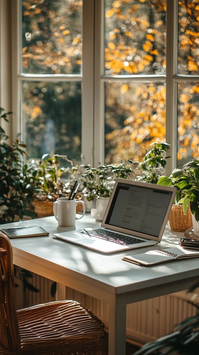 Warm home environment with journal and warm tea